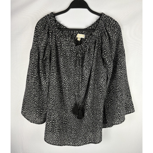 Michael Kors Animal Print Top Women’s Size XL Black White Flowy Tassel Peasant - Picture 1 of 6